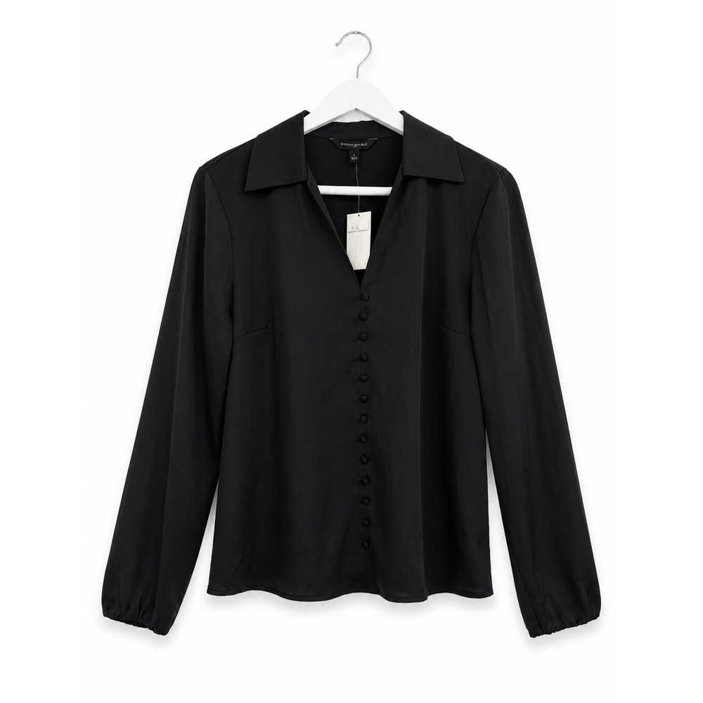 Banana Republic Black Satin Button-Front Blouse Long Sleeve Women's S NWT